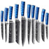 10-teiliges japanisches Kochmesser Set mit Damast-Design & blauem Harzgriff | Profi V-Schnitt Klingen